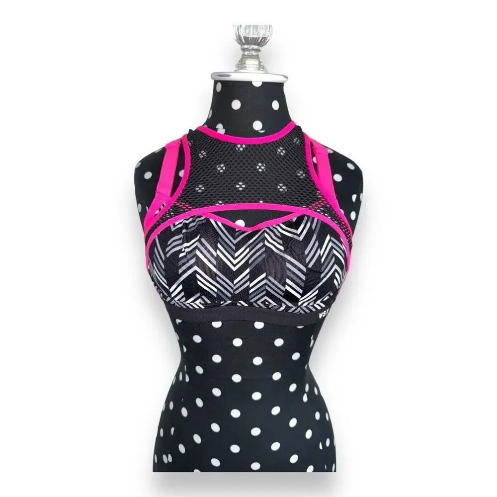Victorias Secret VSX Mesh Sports Bra 32C Crisscross‎ Straps Black White Hot Pink